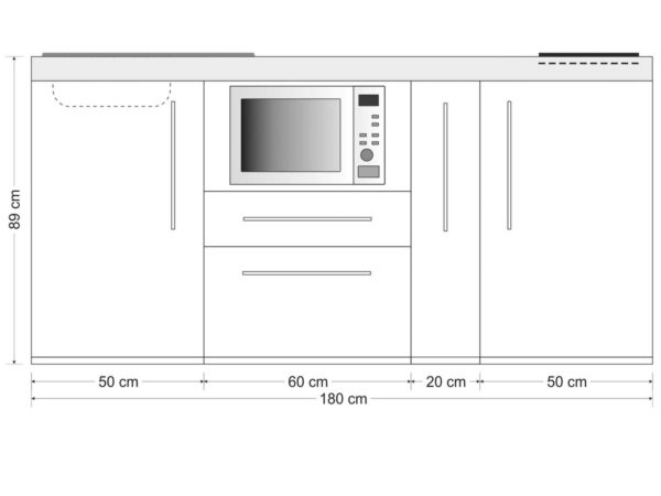 Abmessung Premiumline 180a mit Kühlschrank und Mikrowelle