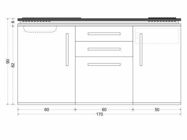 Abmessungen Designline MD 170 mit Kühlschrank