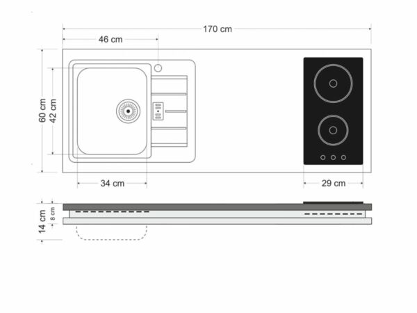 Abmessungen Arbeitsfläche MDGSMOS 170 Designline